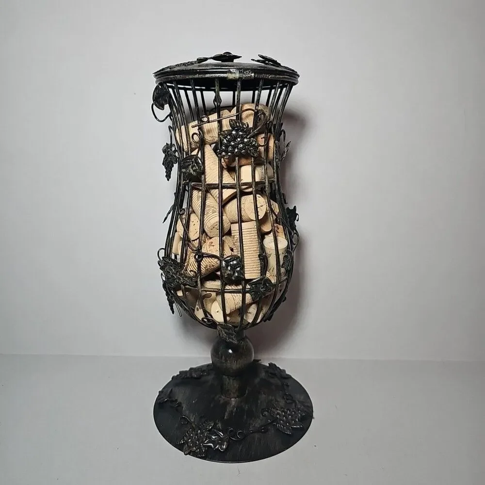 Decorative Art Wine Grapes Cork Cage Holder Hourglass Shaped Bronze with Corks